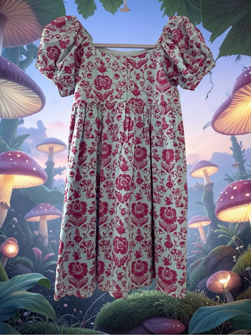 Janie and Jack Disney X Girls' Pink Floral Puff-Sleeve Dress Alice in Wonderland
